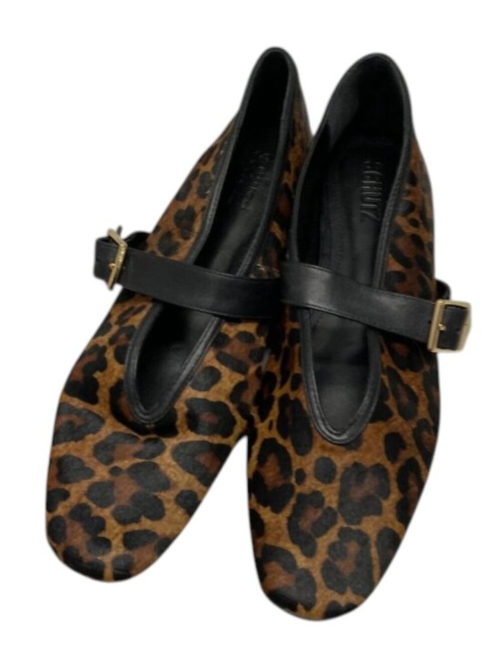 SCHUTZ Leopard Print Mary Jane Flats with Black Strap